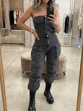 Strapless Black Cargo Denim Overalls for Women